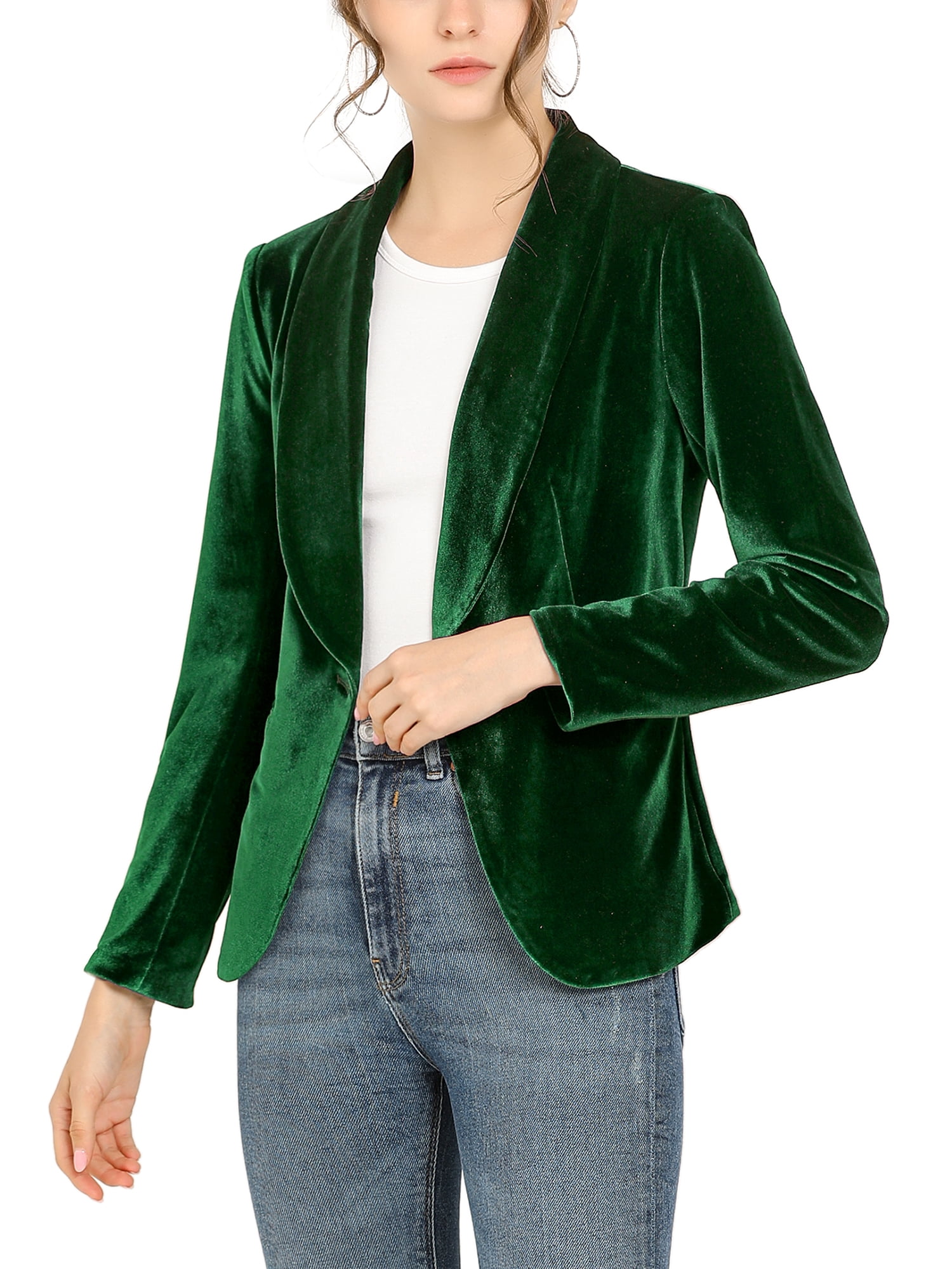 DARING DIVA Women's Velvet Office Coat Solid Shawl Collar Blazer L Green
