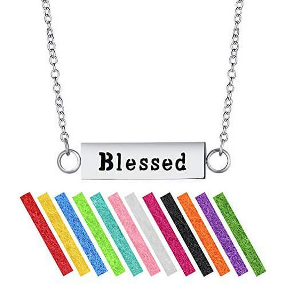 Wild Essentials"Blessed" Essential Oil Diffuser Bar Necklace Gift Set - Includes Aromatherapy Pendant, 24" Stainless Steel Chain, 12 Color Refill Pads
