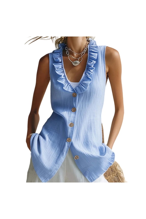 Womens Peter Pan Collar Sleeveless Shirt Summer Eyelet Cotton Button Down Tank Tops Casual Ruffle Flowy Blouse Vest
