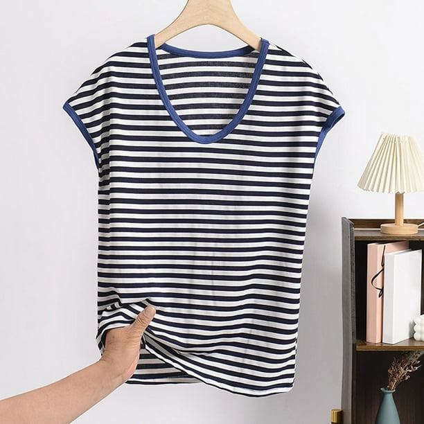 Pijama de manga corta para mujer, informal, holgado, a rayas, con cuello redondo, de verano, fino, de poliéster