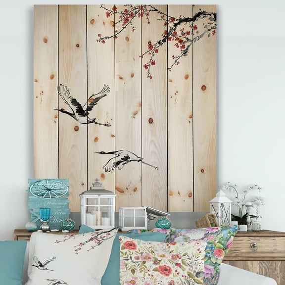 Designart 'Flying Two Sweet Winter Birds' Traditional Print on Natural Pine Wood