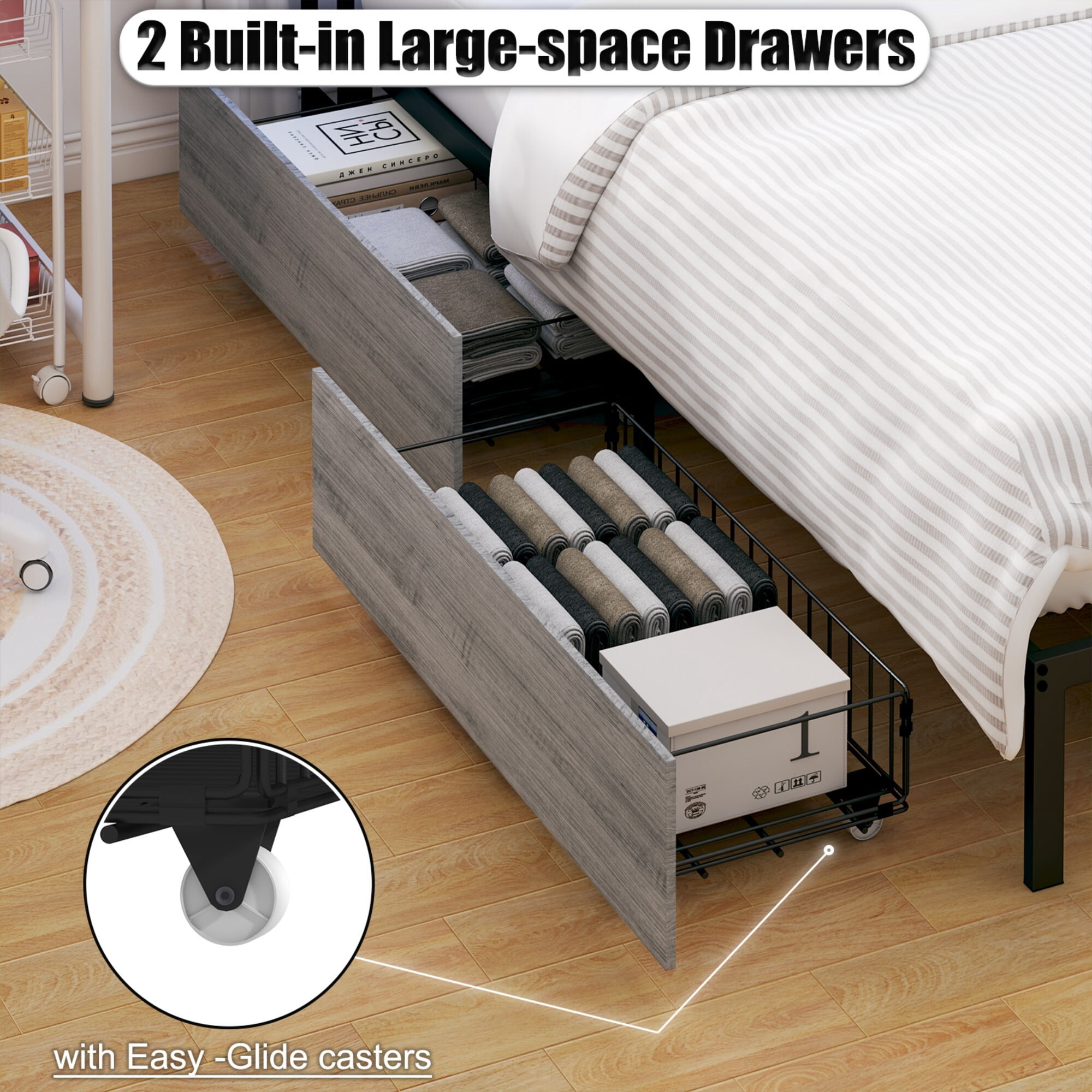 AENKYO Full Size Corner Daybed Frame with 2 Drawers, Bookcase Headboard, Charging Station, and Smart LED Lights, Gray
