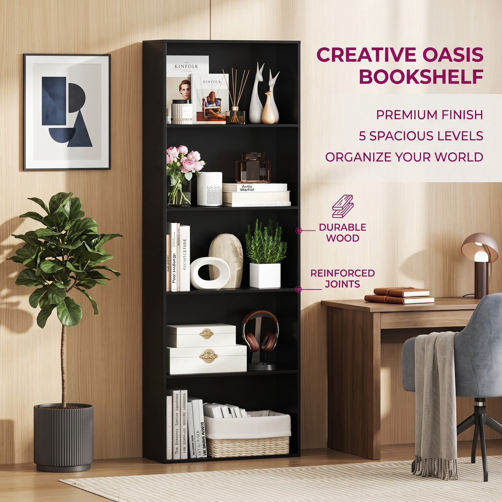 Furnibear 5-Tier Bookshelf, 67 Inch Modern Wood Storage Bookcase, Multi-Functional Display Cabinet with 2 Anti-Tipping Kits for Living Room, Bedroom, Home Office and