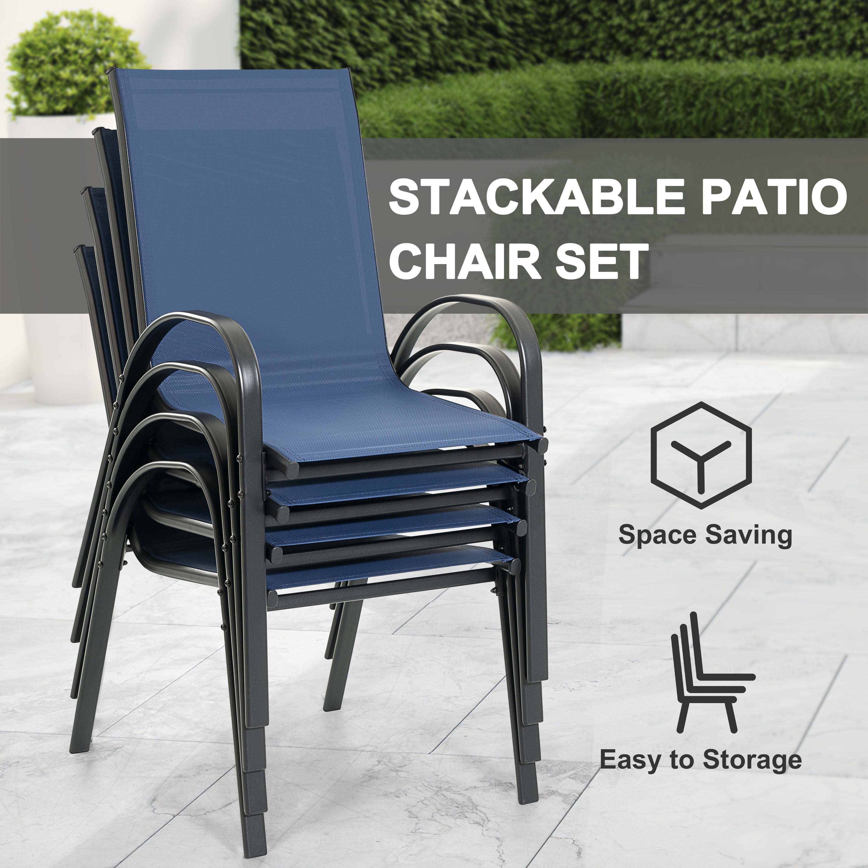 Nuu Garden Patio Chairs Set of 4, Outdoor Stackable Dining Chairs for All Weather, Breathable Textilene Outdoor Chair Set with Armrests for Backyard Porch Poolside Garden, Blue and Black