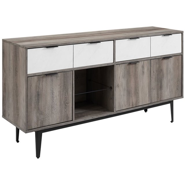 Baltic 60" Asymmetrical 2-Drawer Sideboard in Faux White Marble/Gray Wash