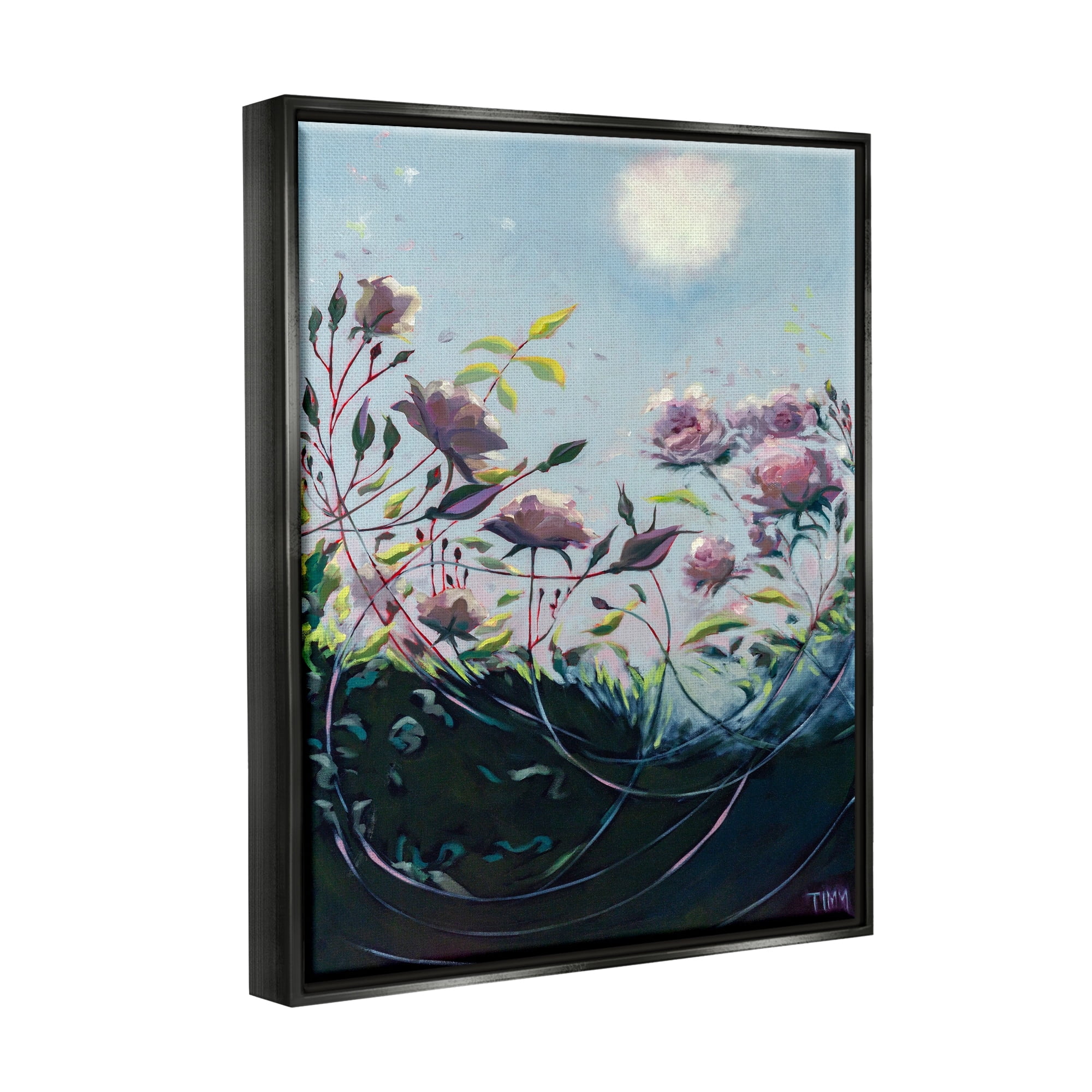 Stupell Industries Surreal Intertwining Flower Stems Modern Sky Landscape Painting Jet Black Floating Framed Canvas Print Wall Art, Design by Lisa Timmerman