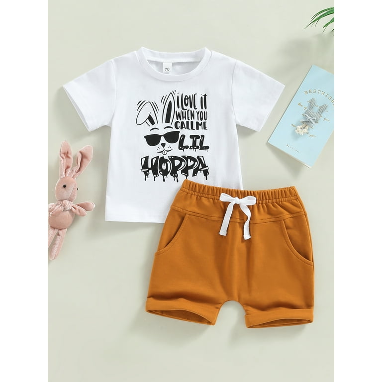 Genuiskids Infant Baby Boys Easter Outfits Letter Rabbit Print Crew Neck Short Sleeve T Shirts and Solid Color Shorts 2Pcs Clothes Suit Walmart