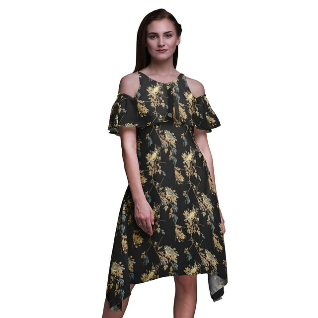 Bimba Black Bird Printed Womens Ruffle Front Cold Shoulder Swing Shift Dress - XX-Large