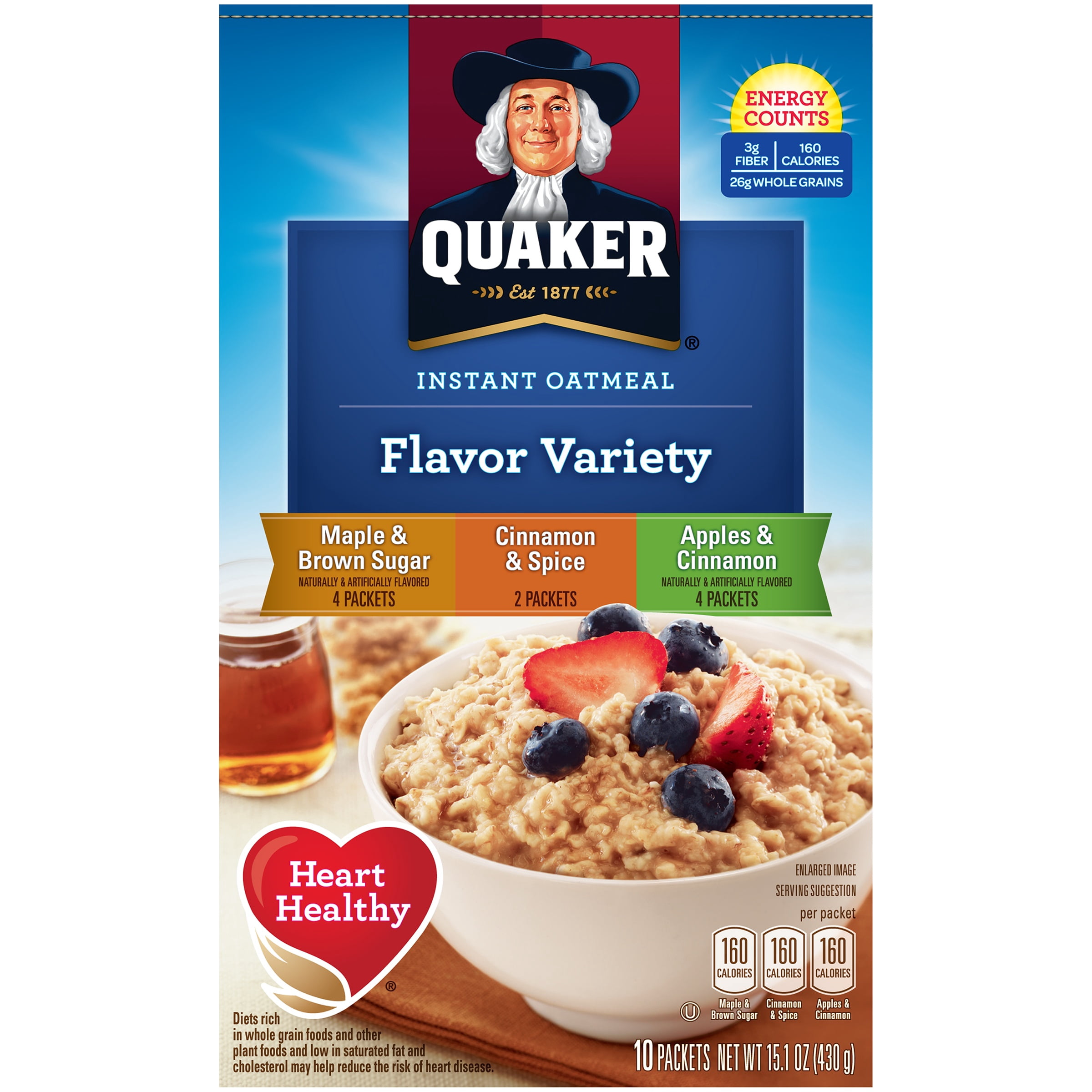Quaker Instant Oatmeal, 3 Flavor Variety Pack, 15.1 oz Packets, 10 Pack