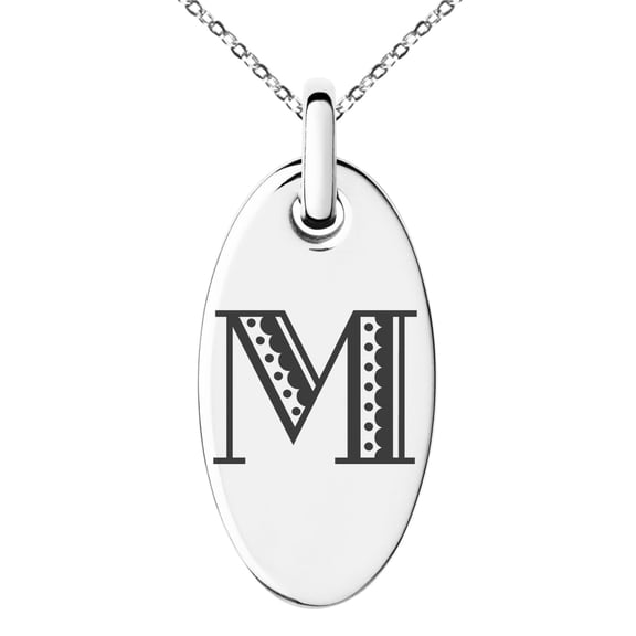 Stainless Steel Letter M Initial Metro Retro Monogram Engraved Small Oval Charm Pendant Necklace