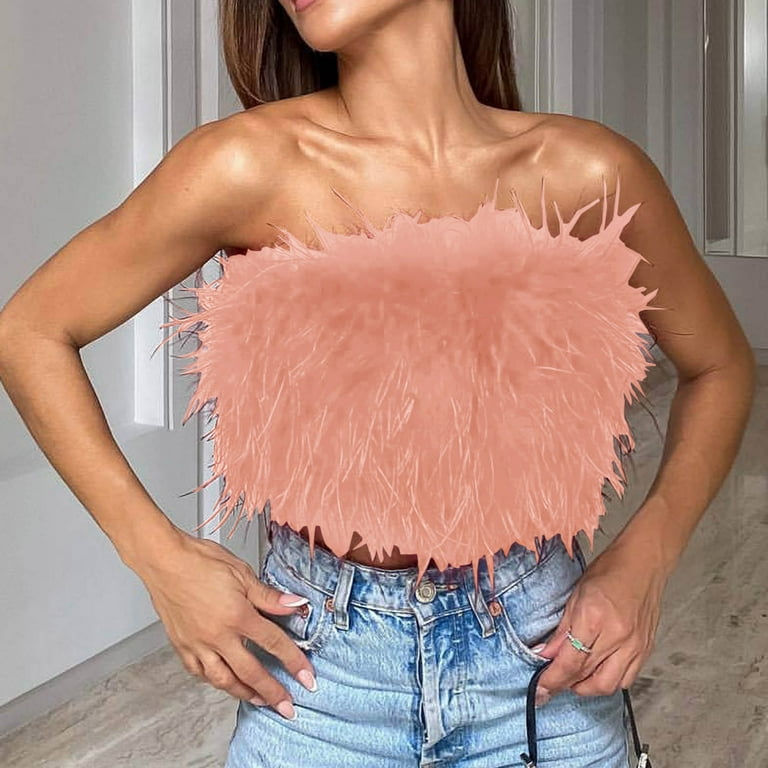JWZUY Women Sleeveless Fur Feather Tube Tops Solid Color Strapless