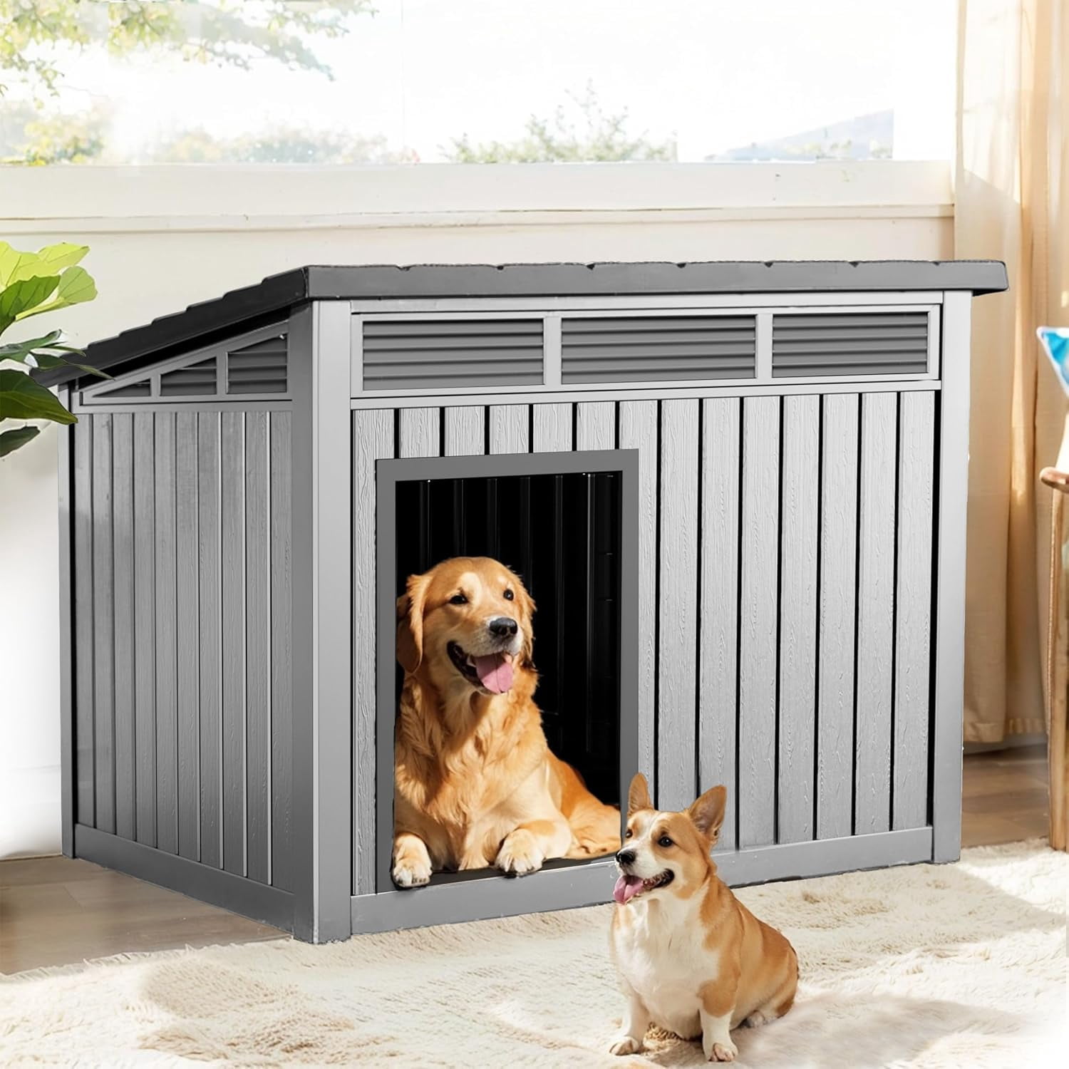 OFFIGAM Weatherproof Insulated Resin Dog House Grey Black Indoor Outdoor Medium Large 42.87x32.95x31.61in
