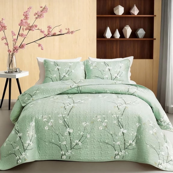 2/3 Piece Cherry Blossom Quilt Set Soft, Breathable Floral Bedding with Matching Shams(1 Quilt, 1 Or 2 Pillowcases)