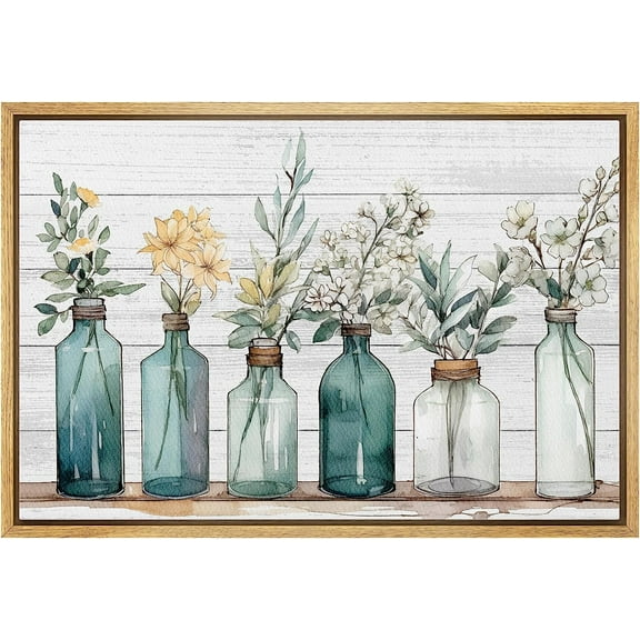 PixonSign Framed Canvas Print Wall Art White Wood Panel Garden Wildflowers Nature Wilderness Illustrations Modern Art Botanical Floral Farmhouse/Country Relax/Calm/Cozy for Bedroom - 24"x36" White