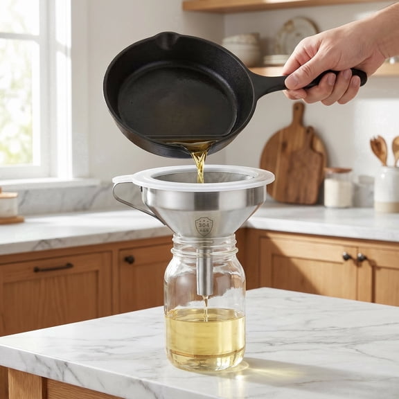 Stainless Steel Funnel with Fine Mesh Strainer, Food Grade Oil Filter for Kitchen Use, Filling Bottles and Deep Fryer, 1 Set