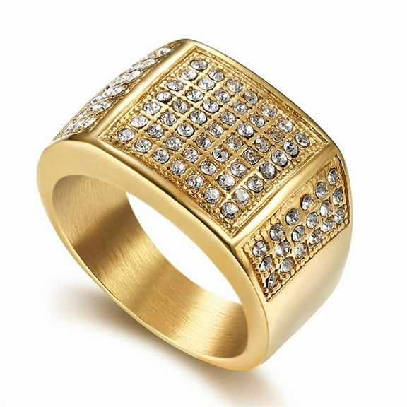 14K Yellow Gold CZ Big Ring For Men Golden Color Iced Out Charm Square Ring Cool Hip Hop Jewelry For Gifts