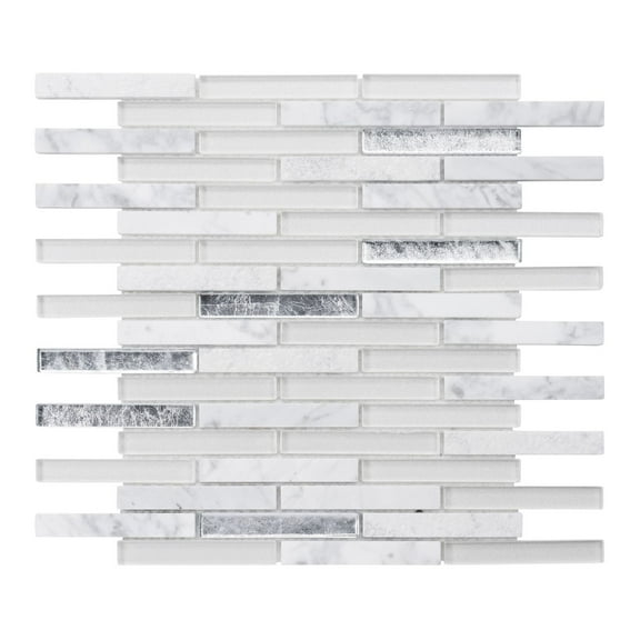 Modket TDH325NS Calacatta Marble Stone Super White Glass Metallic Foil Mosaic Tile Backsplash
