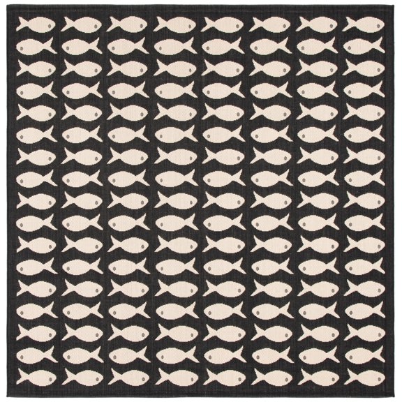 SAFAVIEH Courtyard Tranter Fishes Indoor/Outdoor Area Rug, Black/Beige, 7'10" x 7'10" Square