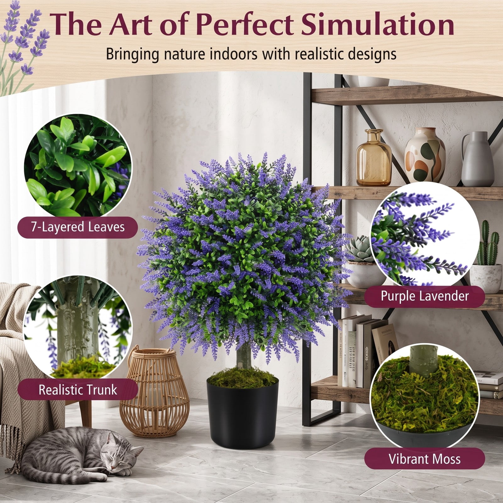 ALPULON 23 Inch Set of 2 Artificial Lavender Topiary Ball Trees with Cement-Filled Pot, Faux Potted Plants for Indoor Outdoor Home Porch Entryway Decor, Purple