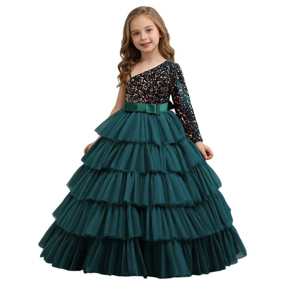 lnmuld Girls Elegant One Shoulder Sequin Tutu Gown, Birthday Party & Piano Recital Color:Green,Size:5-6 Years