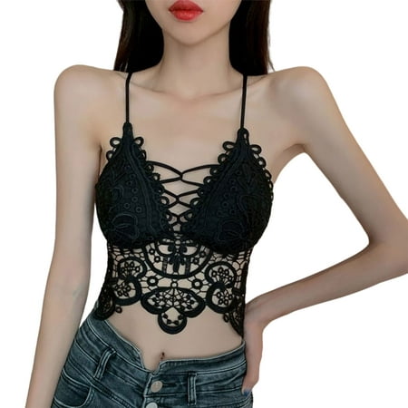

YUUZONE Women Summer Sleeveless Strappy Bra Crop Top Hollow Out Crochet Floral Lace Camisole Bralette Se-- V-Neck Backless Push Up Padded Sling Vest Underwear
