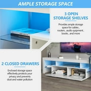 UHOMEPRO TV Stand for TV up to70, High Gloss Entertainment Center with RGB LED Lights and Storage Shelves, White Media Console for Living Room