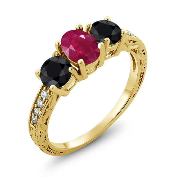 Gem Stone King 2.50 Ct Oval Red Ruby Black Sapphire 18K Yellow Gold Plated Silver Moissanite Ring (Size 7)