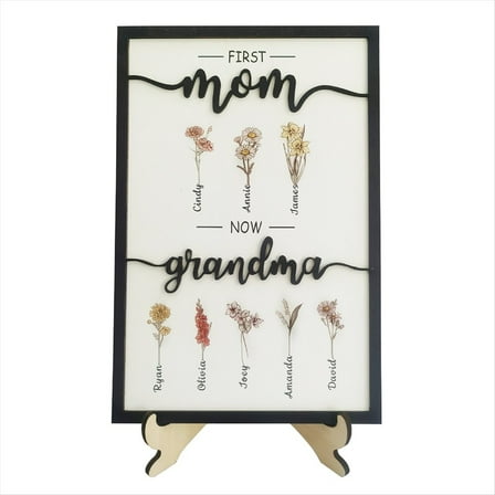 First Mom Now Grandma Birth Month Flower Wooden Plaque, Personalized Mothers Day Gifts, Mother'S Day Gift, Gift for Mom