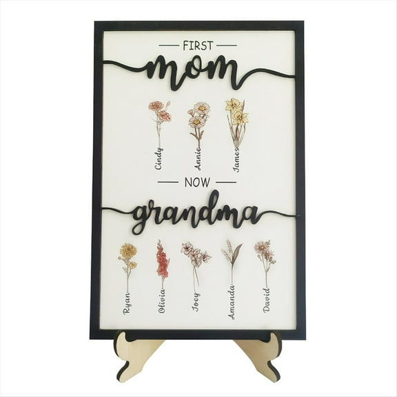 First Mom Now Grandma Birth Month Flower Wooden Plaque, Personalized Mothers Day Gifts, Mother'S Day Gift, Gift for Mom