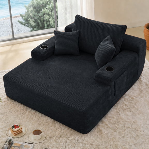 Leumius Boneless Couch, Lounge Chair corduroy with Wide Armrest & Throw Pillows, Cozy Boneless Sleeper Sofa Bed Armchair with Cup Holder for Living Room, Bedroom, No Assembly Required,Black