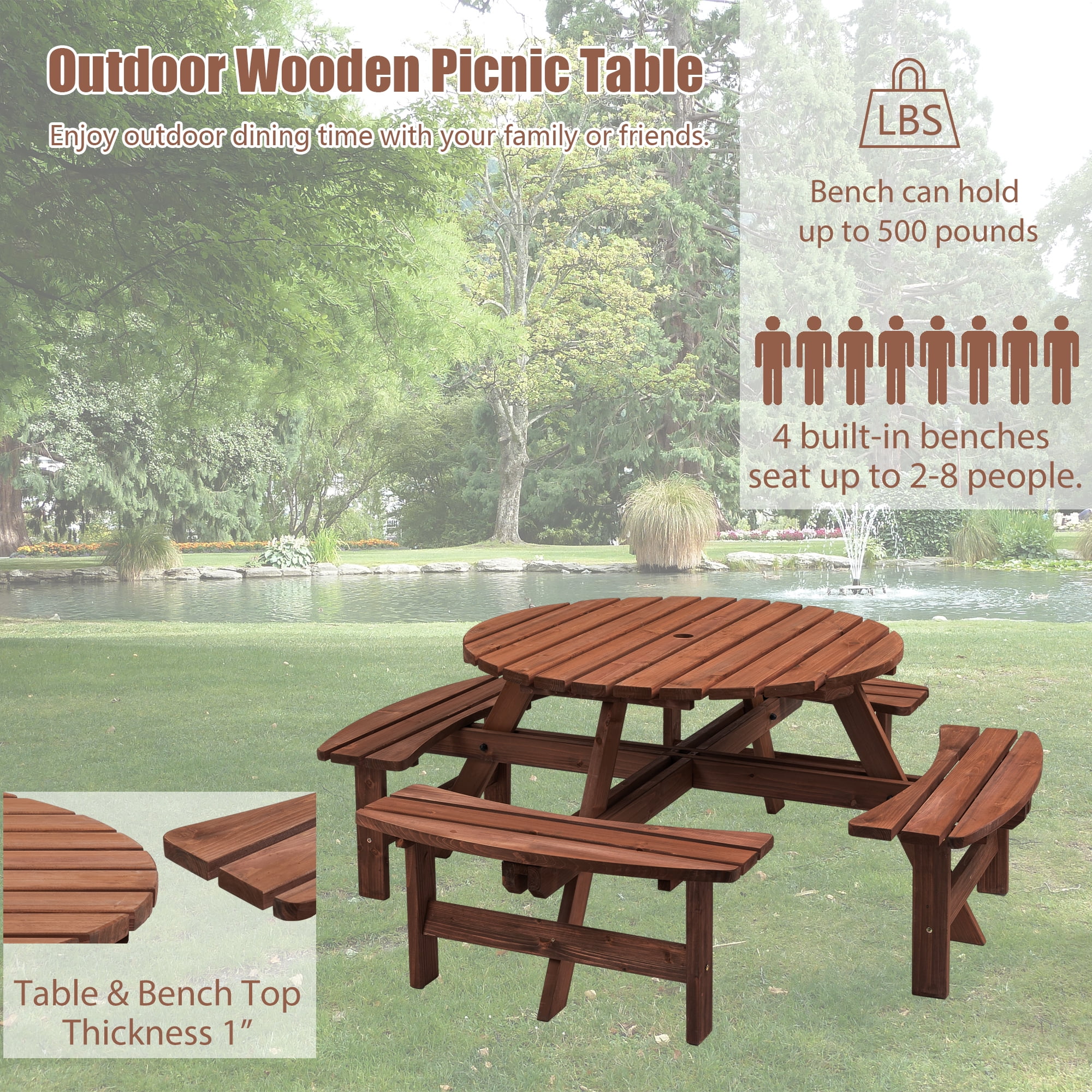 8‑Person Natural Fir Wood Round Picnic Table with 4 Built‑in Curved Benches, 2220lb Total Capacity Outdoor Dining Set with 2” Umbrella Hole for Garden Backyard Camping