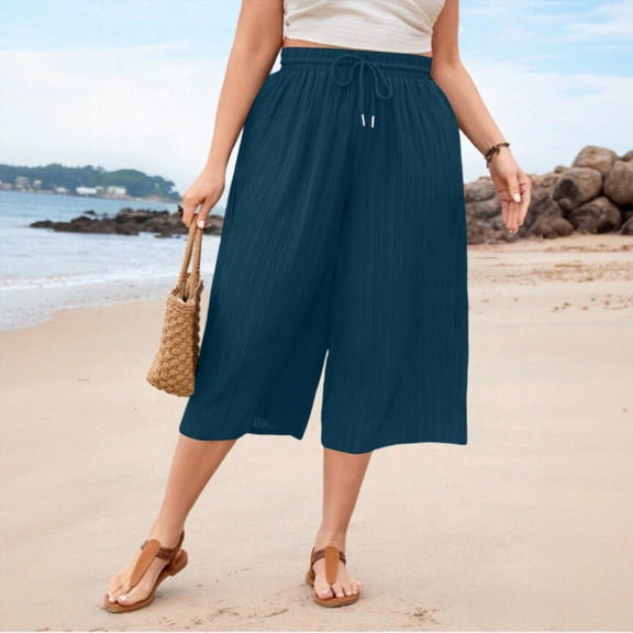 Mifsaly Plus Size Wide Leg Capri Pants for Women Elastic Drawstring Waist Casual Loose Culottes with Pockets Lightweight Flowy Summer Beach Capris Navy,XXL