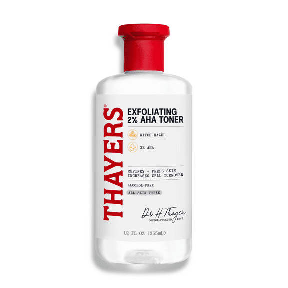Thayer's 2% AHA Exfoliating Toner, Smoothing and Pore Refining Skin Care for All Skin Types, 12 fl oz