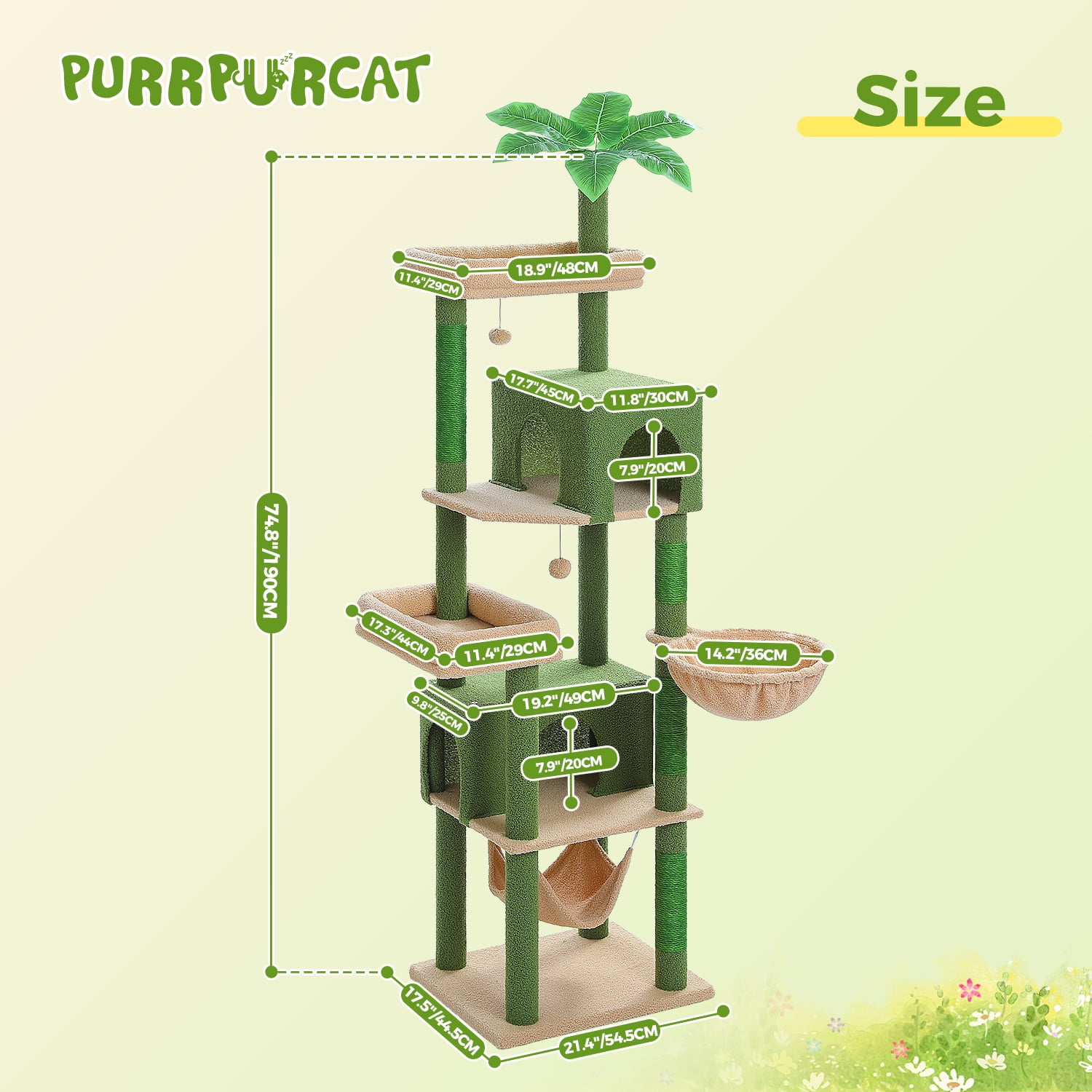 Pefilos 74" Large Cat Tree Tower for Indoor Cats, Fat Cats with Big Hammock, Cat Climbing Tree with Scratching Posts, Condo House and Top Perch, Green