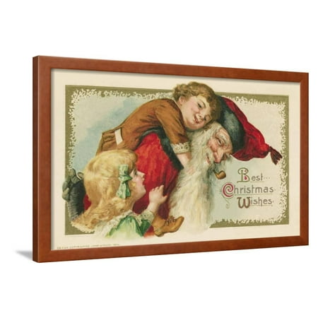 Best Christmas Wishes Postcard with Santa Claus and Children Framed Print Wall