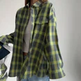 thumbnail image 4 of Camisa a cuadros de gran tamaño para mujer, blusa holgada de manga larga con bolsillo y solapa, estilo coreano, otoño e invierno, 2024Orange, 4 of 5