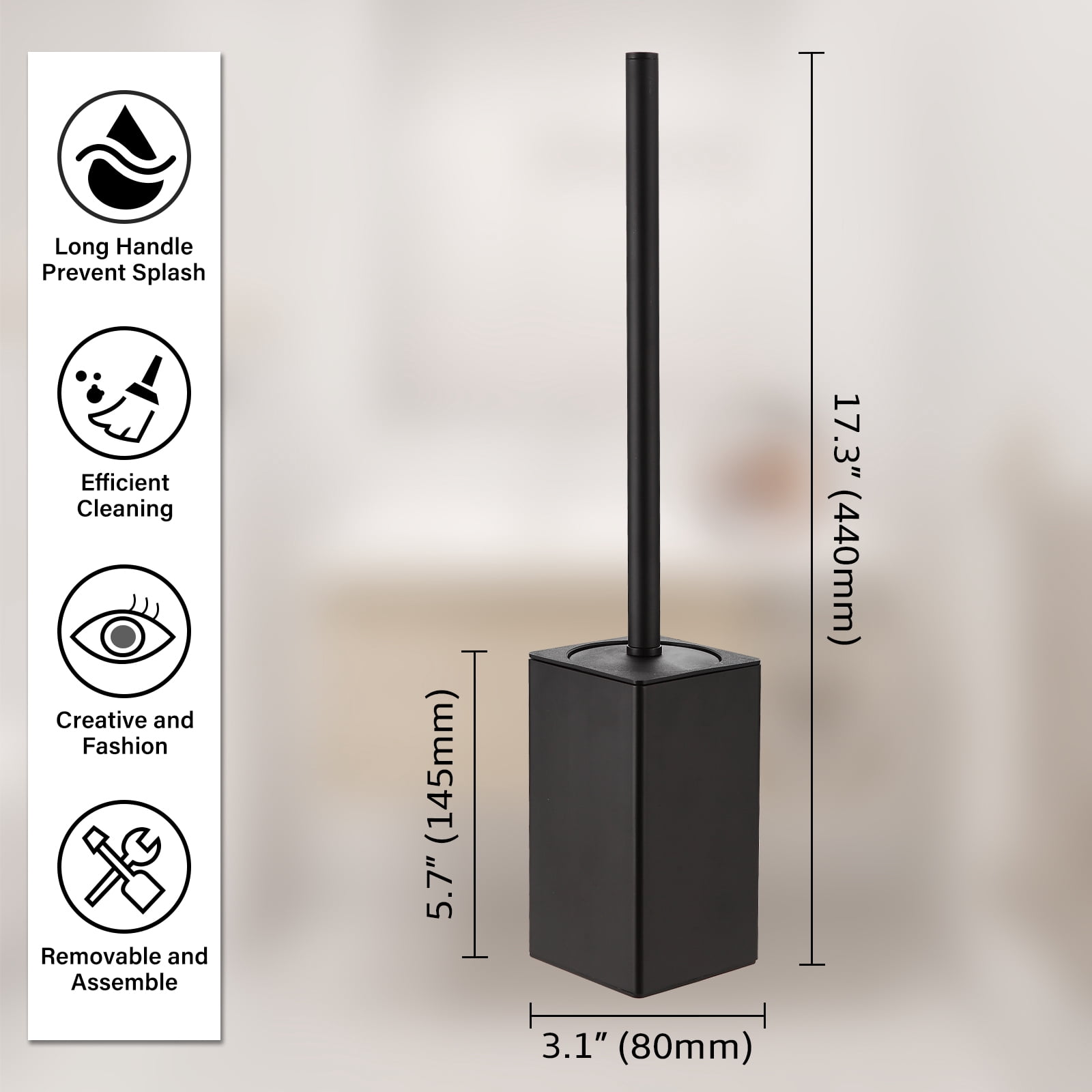 KLDKLD Toilet Brush,Toilet Brush and Holder for Bathroom Storage and Organization,Square Black Toilet Brush for Bathroom Made by High Quality Metal