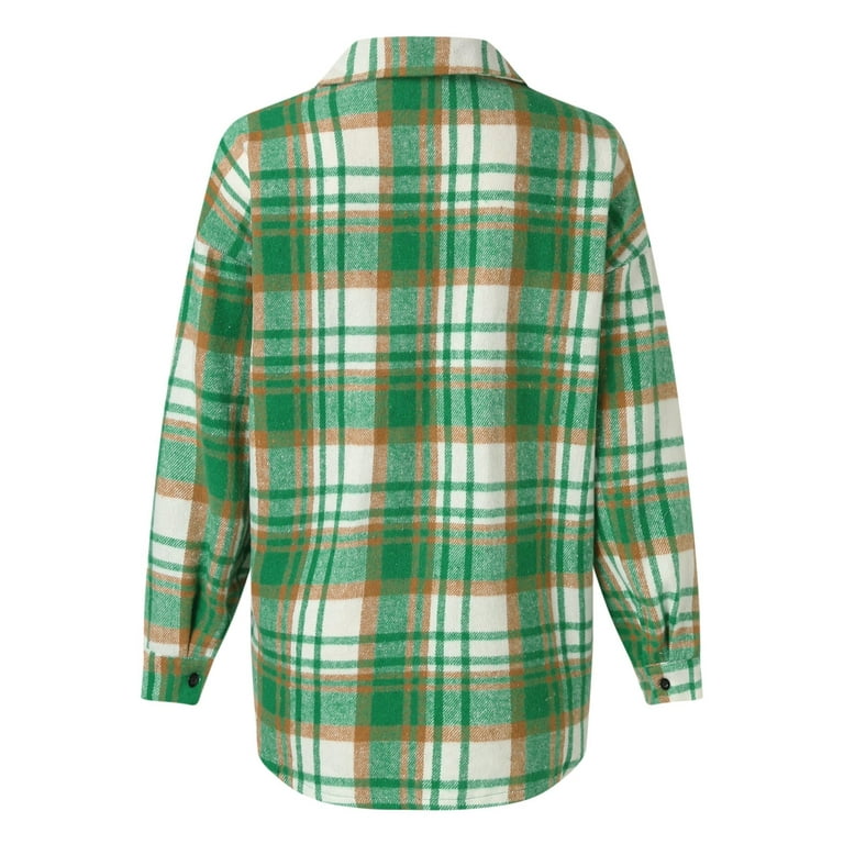 Yinguo Womens Long Sleeve Button Down Plaid Shirts Flannel Hooded Shacket  Jacket Hoodie Coats Green XL