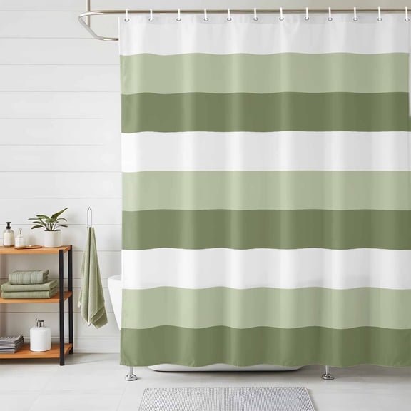 Shower Curtains for Bathroom, Sage Green White Striped Waterproof Fabric Shower Curtain, Farmhouse Stripes Decorative Bathroom Curtain for Bathtub, 72"x78", No Hooks Included