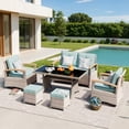 thumbnail image 2 of MEISSALIVVE 7 Pieces Patio Furniture Set with Dining Table, Outdoor Wicker Conversation Set with 2-Seat Sofa, Wood Armrest Swivel Chairs, 2 Ottomans, Blue, 2 of 9