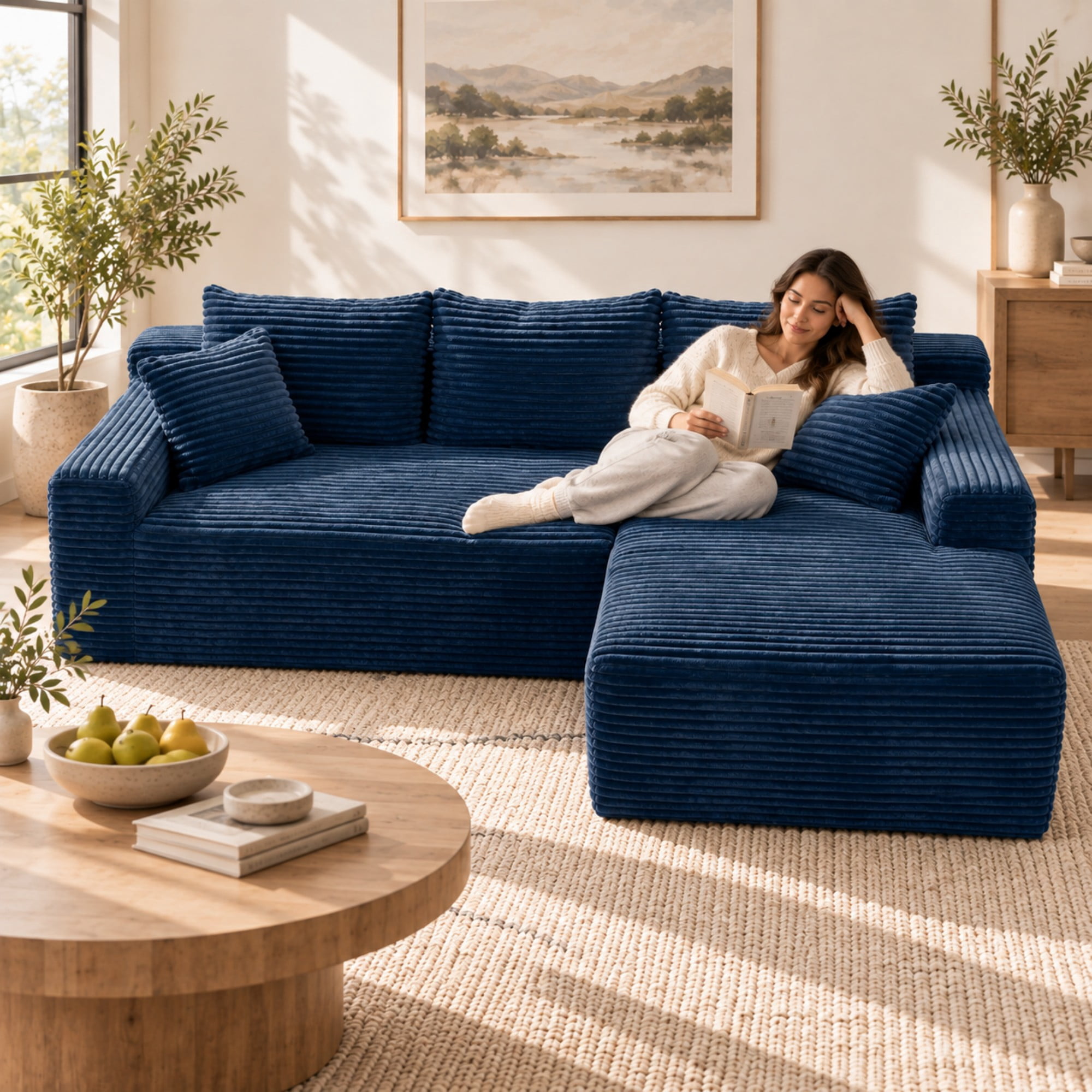 DEALTOPS 106" Corduroy L-Shape Sectional Sofa, Modular Floor Cloud Couch with Right Chaise, Blue