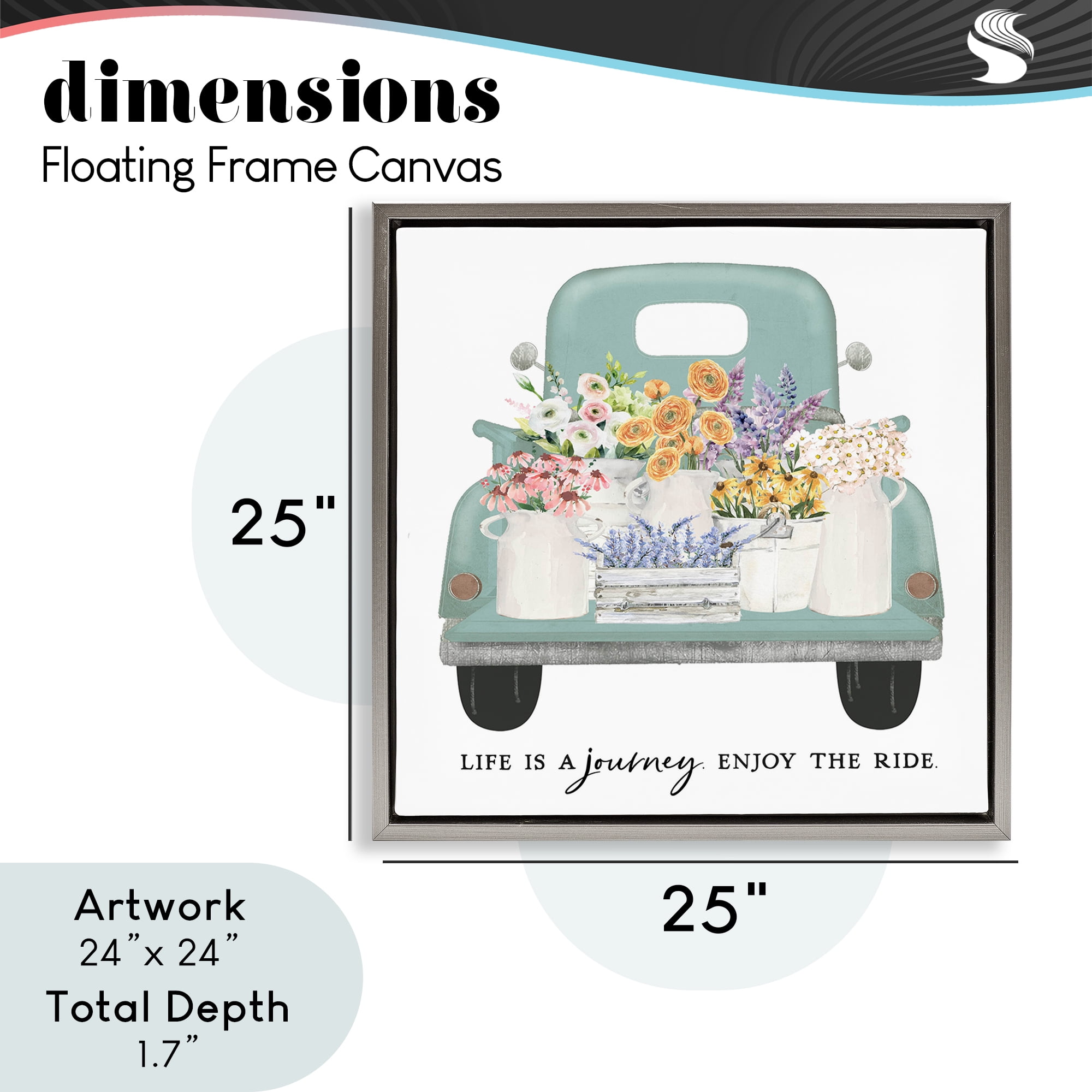 Enjoy Ride Floral Truck Gray Framed Floater Canvas Wall Art, design by Lettered and Lined