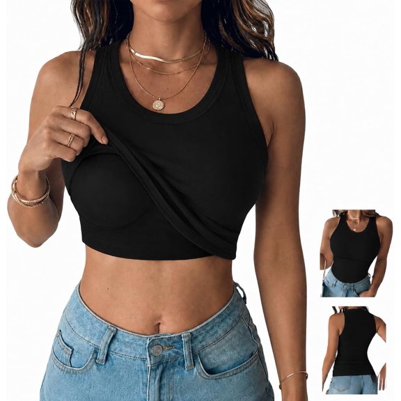 Tank Top with Built in Bra for Women, Ribbed Sleeveless Cami, Stretchy Fitted Basic Tank Top for Everyday Wear