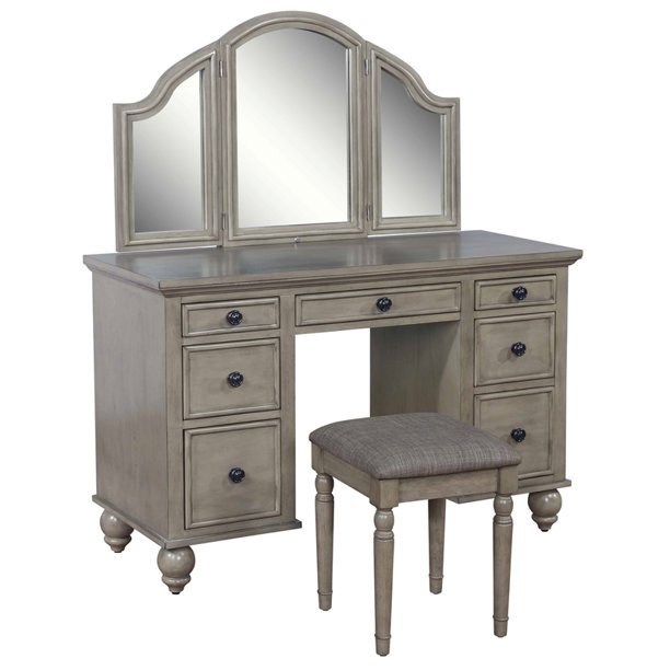 Pemberly Row Transitional Vanity and Bench with LED Lighted Mirror in