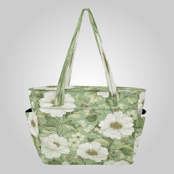 Quilted Tote Bag Large Capacity Multi-Compartment Handbag Lightweight Structured Shoulder Bag Versatile Casual Bag Soft Green Floral Seamless