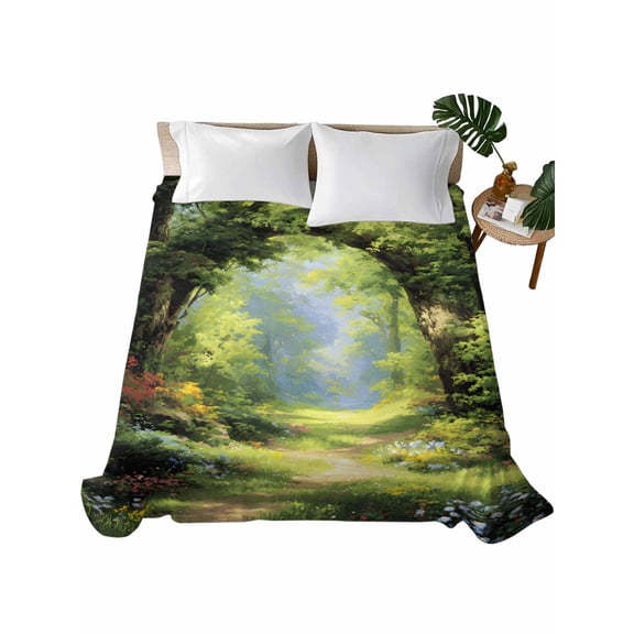 Twin Flat Sheet 66"x96", Forest Soft Lightweight Bedding Flat Sheets Only, Nature Woodland Spring Scenic Green Trees Flower Brushed Microfiber Top Bed Sheet, Breathable StainResistant Bedsheets