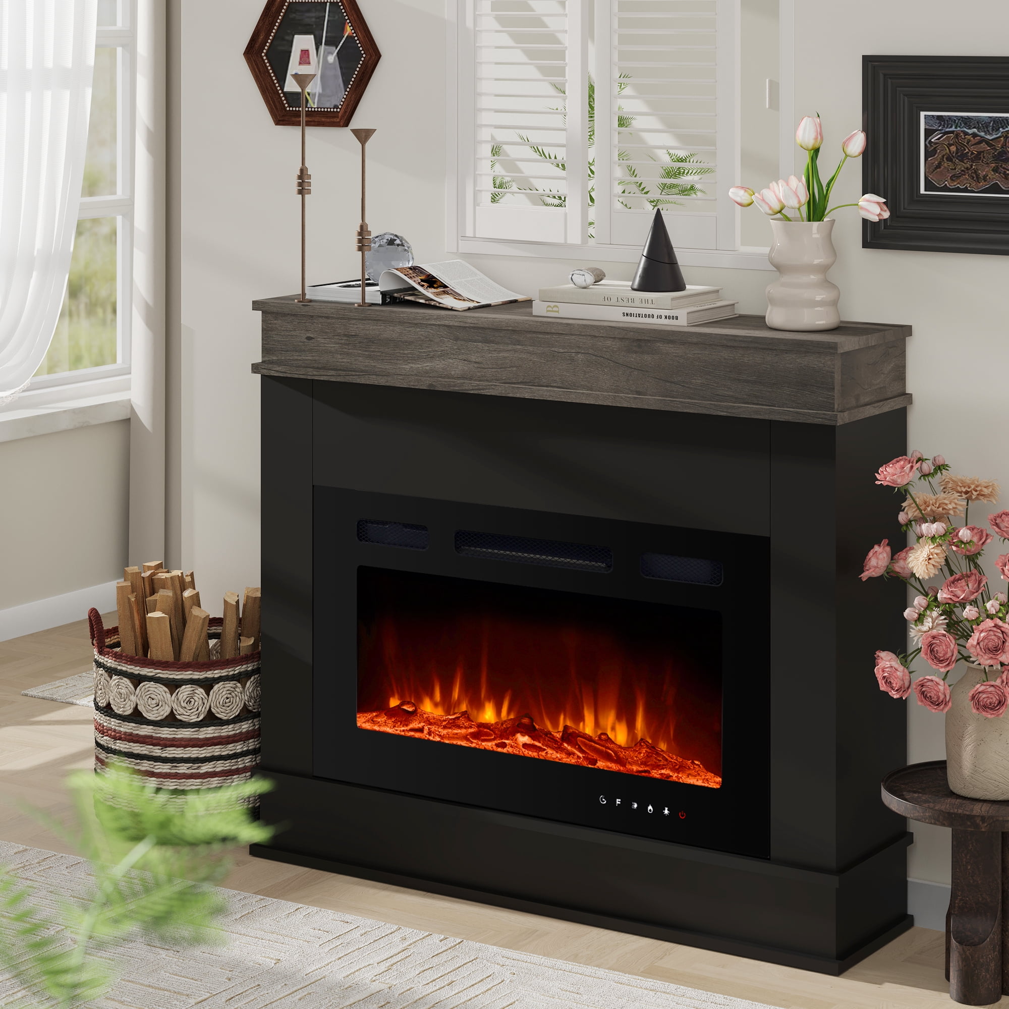 Maxhonor Electric Fireplace Mantel with 12 Flame Colors, Overheating Protection & Remote Control, Classic Minimalist Design