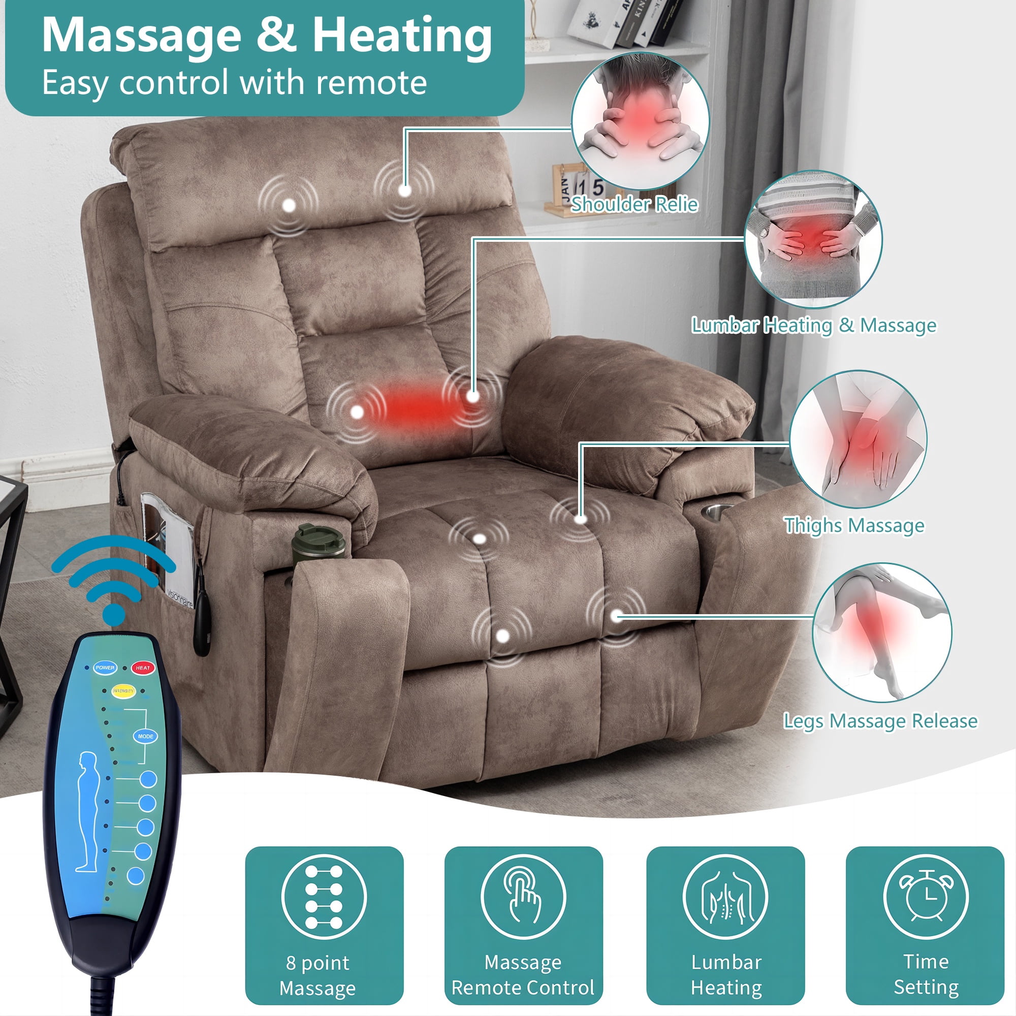 26 Inch Wide Seat Recliner Chair for Adults and Elderly, UHOMEPRO Oversized Power Lift Recliner Chair with Heat and Massage, Overstuffed Headrest, 350 lb Capacity, Beige
