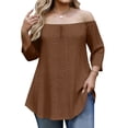 thumbnail image 3 of DDAPJ pyju Plus Size Off Shoulder Tops for Women Eyelet 3/4 Sleeve Solid Color Blouses Summer Trendy Curved Hem Tunic Top Coffee XXXXL, 3 of 7