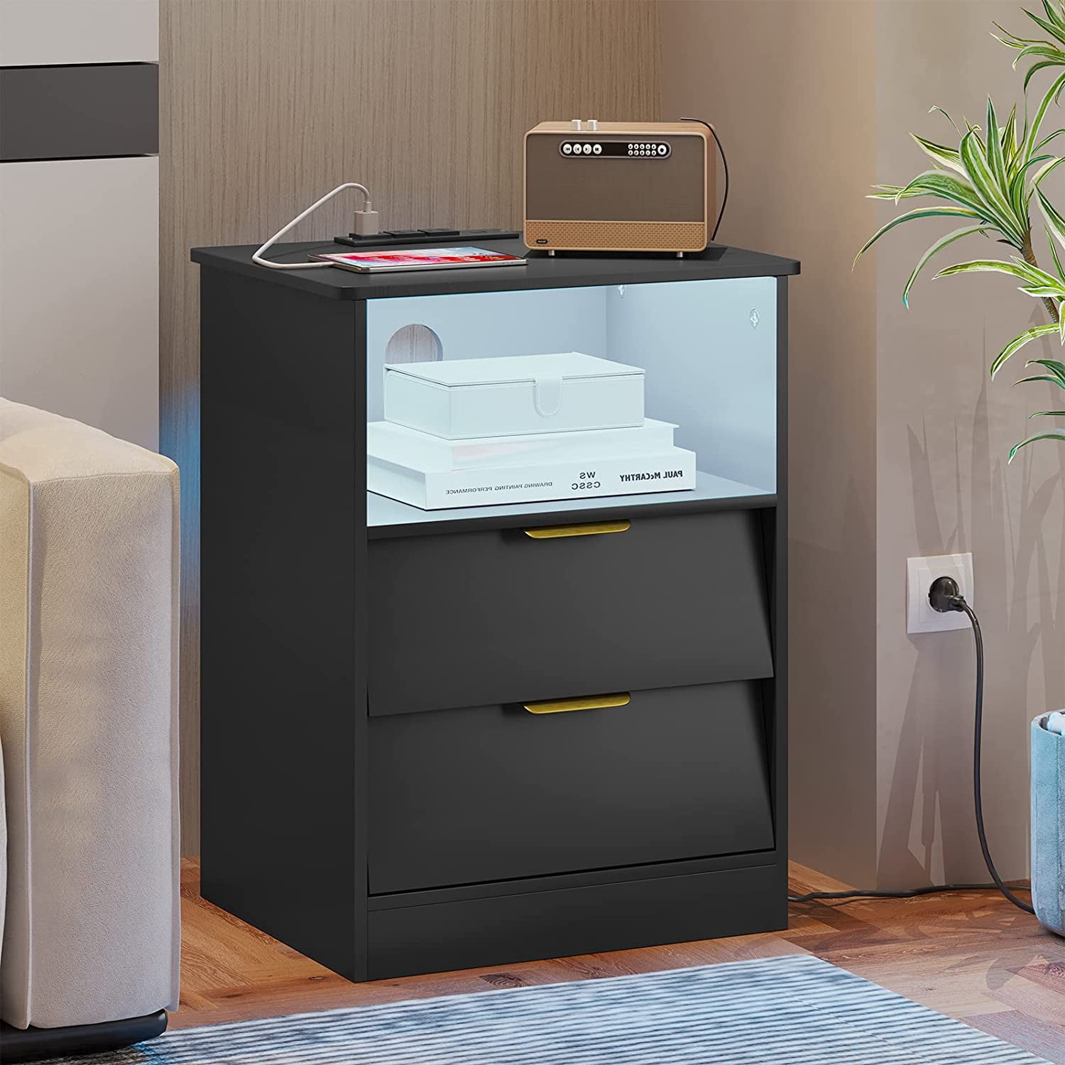 ADORNEVE Nightstand with Charging Station and LED Lights, Black